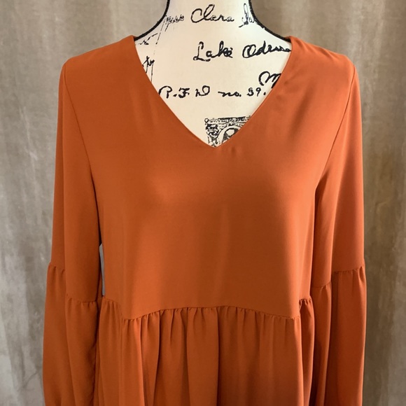 Tunic Dress V Neck Casual Loose Flowy Swing Shift Dresses Orange Caramel - Picture 4 of 12